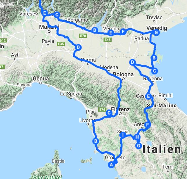 Die Route und Punkte sind nur ungefähre Angaben. Die Bezeichnungen der Orte sind nicht immer die wirklichen Namen, sondern entsprechen unseren Kartenmarkierungen.